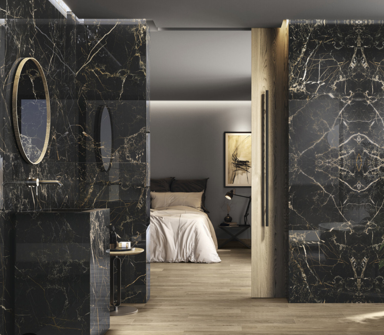 Large-format marble bathroom floor to ceiling, Ottawa