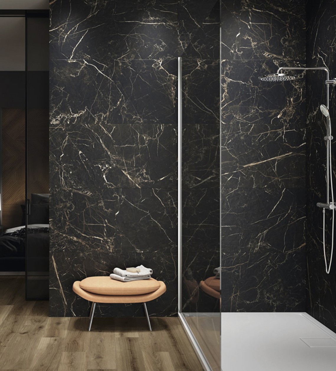 Large-format black marble custom shower — Ottawa